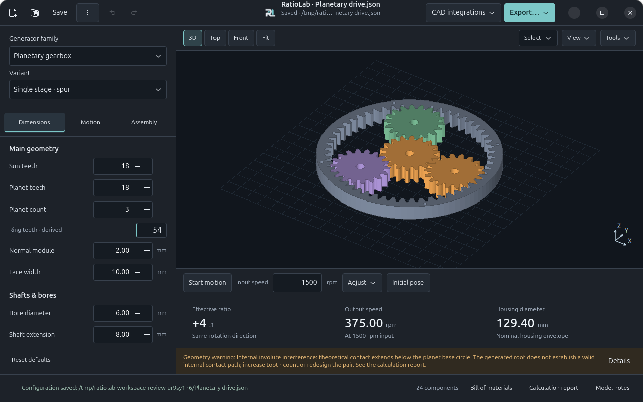 RatioLab workspace showing a planetary reducer model and its parameters.